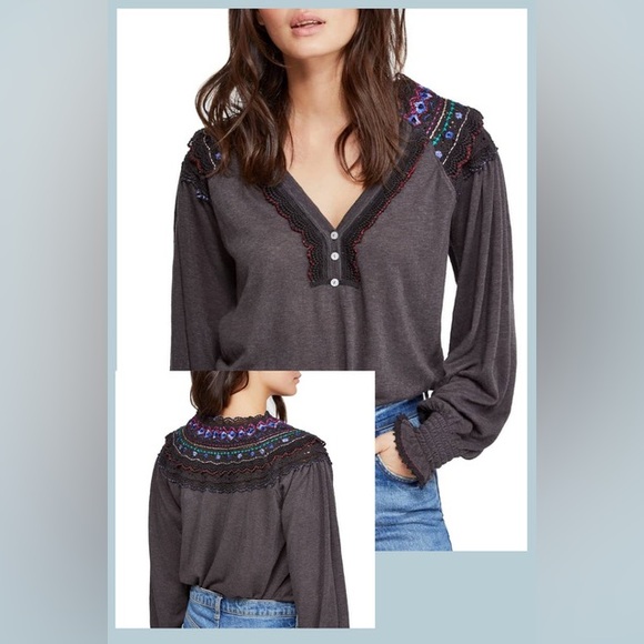 Free People Black Ruffled Long Sleeve Henley - Picture 1 of 9